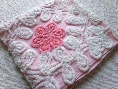 fluffy flowers vintage chenille fabric, plush pink & white sewing material, 19" x 22" inch piece for pillows, quilts, fiber arts