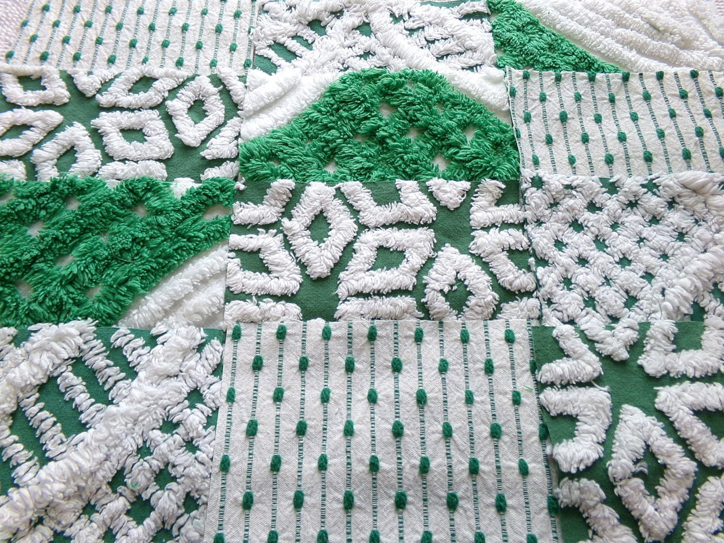 preppy green chenille fabric squares, set of 16 vintage 6" craft blocks, geometric designs for quilt inlays, pillows, fiber arts