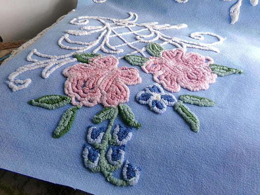 Most Beautiful Old Rose Vintage Chenille Fabric, 17.5" x 32" inch Piece, White Trellis & Scrollwork on Sky Blue Cotton, for Quilts, Pillows