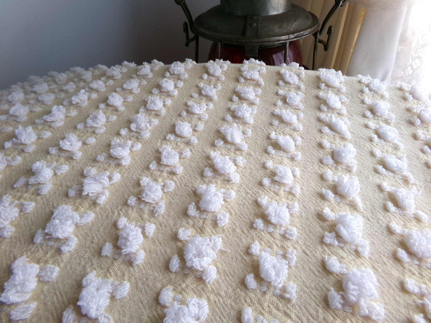 Buttercup Yellow White Rosebud Vintage Chenille Fabric, Cottage Style Tufted Roses, 12" x 24" inch Piece