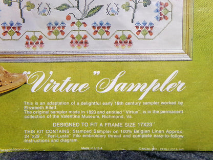 VIRTUE Embroidery Sampler, Paragon 0609 Valentine Museum Reproduction, Vintage Cross Stitch Stitchery Kit on Belgian Linen