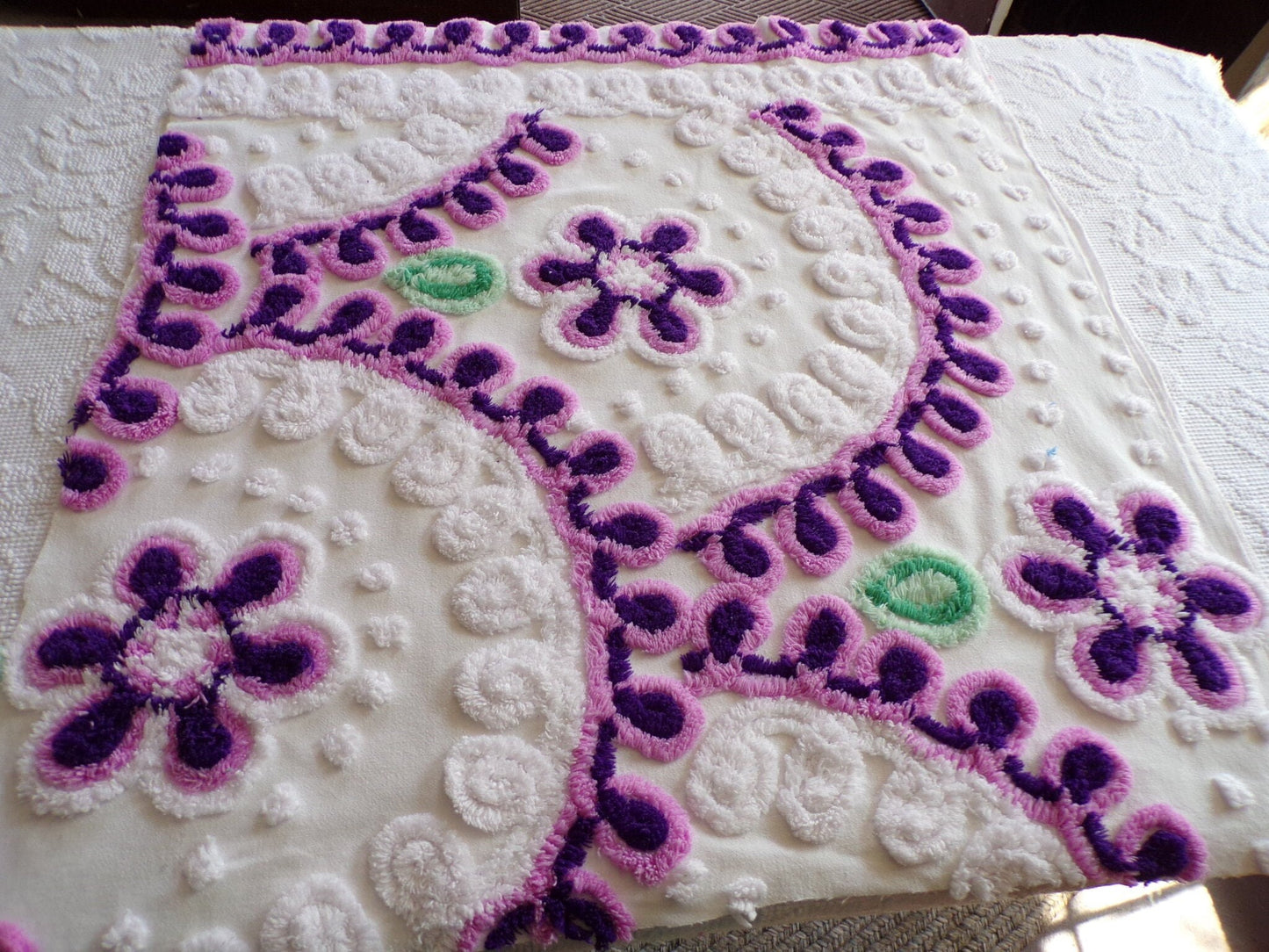 Lilac Blooms Vintage Chenille Fabric Piece, 27" x 29" inches, Lovely in Pillows & Quilts