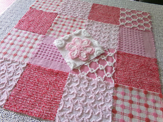 Fun Fabric Squares Cut from Vintage Chenille Bedspreads, *Strawberry Shortcake* Pink & Red Colors, 17 Quilt Blocks, 6" x 6" inch each
