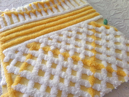 Happy Vintage Chenille Fabric, Red & Blue Rosettes on Yellow Geometric, 29" x 30" inch piece