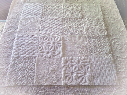 Snow Baby Chenille Fabric Squares Set of 16 White Quilt Blocks, 6" x 6" inches each, Diamond, Squiggle Daisy & Hobnail Texture Patterns