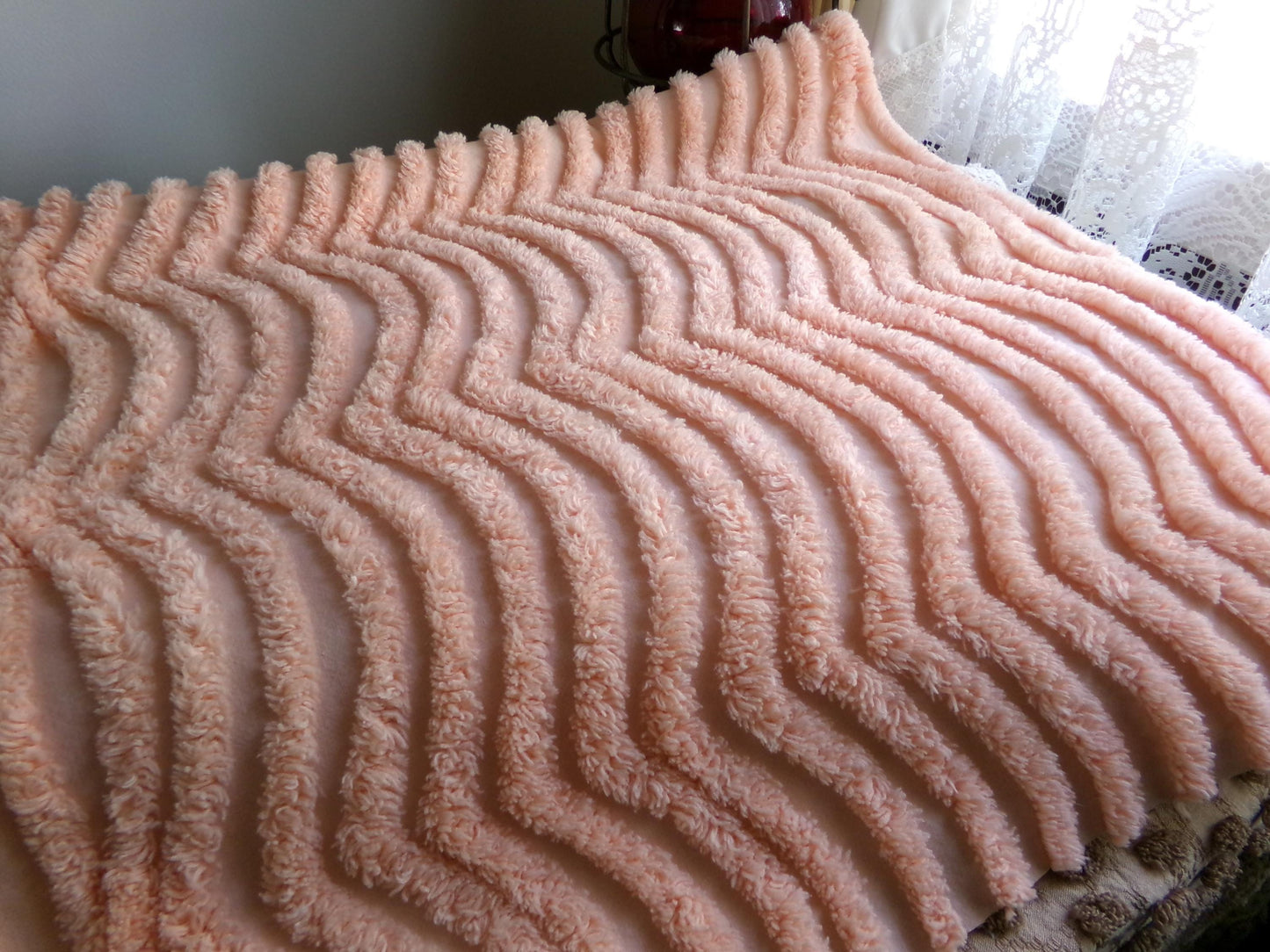 Fluffy Peach Waves Vintage Chenille Fabric, 17" x 24" inch Piece, Plush Ripple Pattern for Quilts, Pillows, Crafts & Sewing