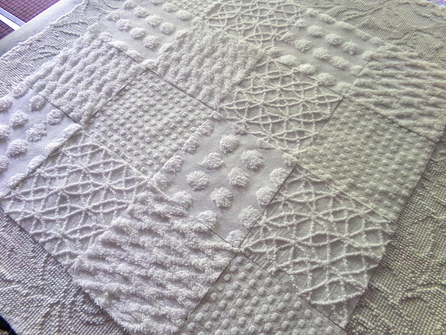 Snow White Chenille Fabric Squares Set, Rotary Cut from Vintage Bedspread Fabric, 16 Blocks, 6" x 6" inch ea, Dots, Pops, Diamond Patterns