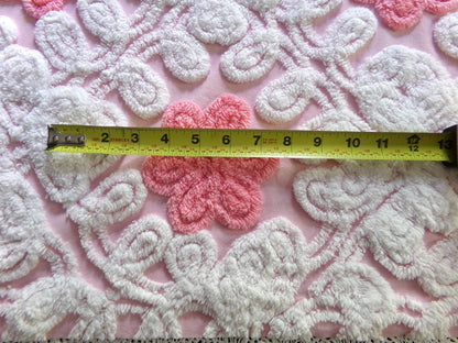 cupcake frosting pink chenille fabric, plush floral curlicue swirls, 22" x 25" inch piece of vintage material for sewing pillows & quilts