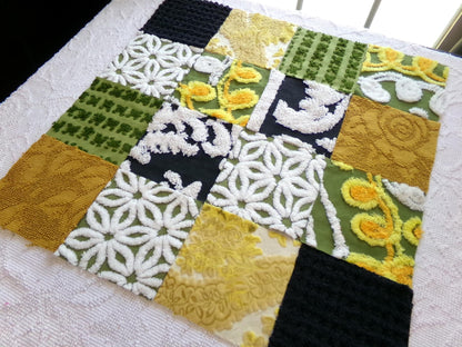 bewitching blend of vintage 6" chenille squares, set of 16 quilt blocks, rotary cut from boho vintage chenille bedspread fabrics