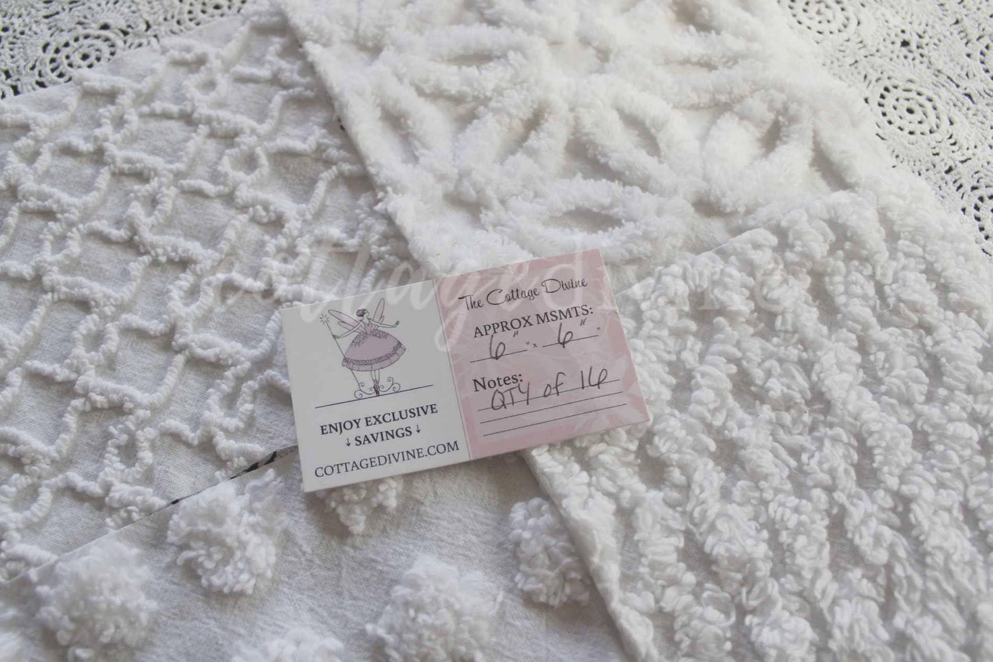 Snow Angel White Chenille Quilt Squares Set from Vintage Bedspread Fabric, 16 Blocks, 6" x 6" inch