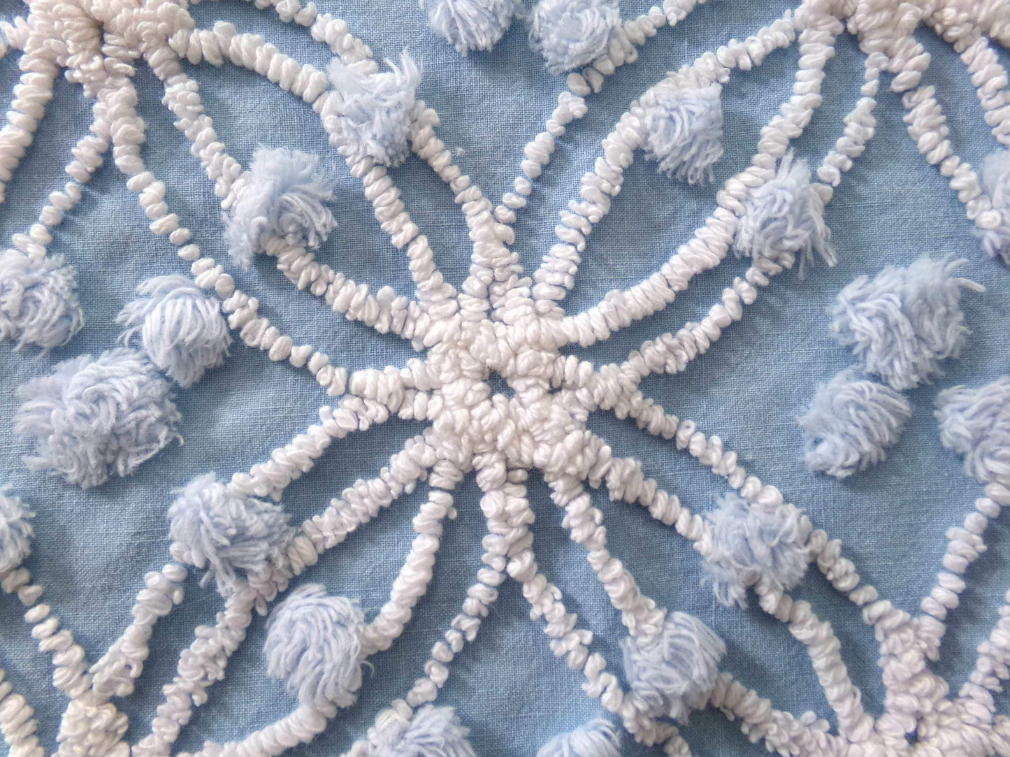cottage coastal chic fabric, 22" x 24" inch piece cut from vintage chenille bedspread, needletuft white wedding rings with overtufted pops