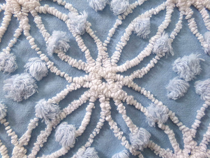 cottage coastal chic fabric, 22" x 24" inch piece cut from vintage chenille bedspread, needletuft white wedding rings with overtufted pops