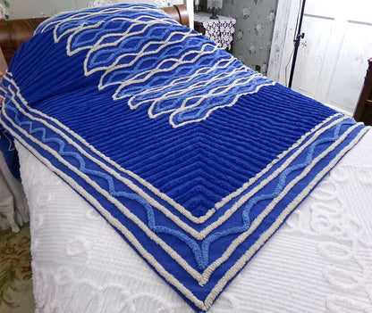 blue flame vintage chenille bedspread, dramatic unique geometric design, full size cotton bedding