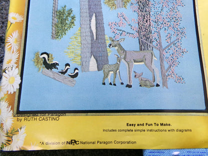 FOREST WILDLIFE Vintage Crewel Embroidery Kit 70s Hippie Wall Hanging, Paragon Needlecraft Stitchery, Kit# 0525, Design by Ruth Castino