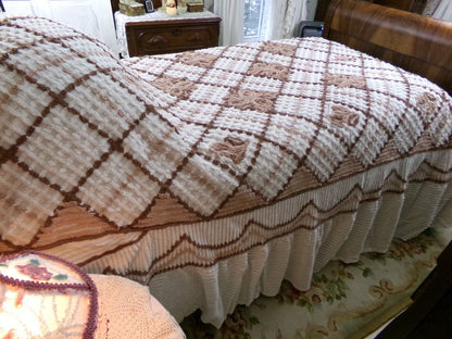 Vintage full size chenille bedspread, chocolate brown roses, boxed & fitted design