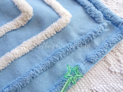 Beach Cottage Blue & White Vintage Chenille Fabric Piece, 19" x 29" inches, Ideal in Quilts and Pillows
