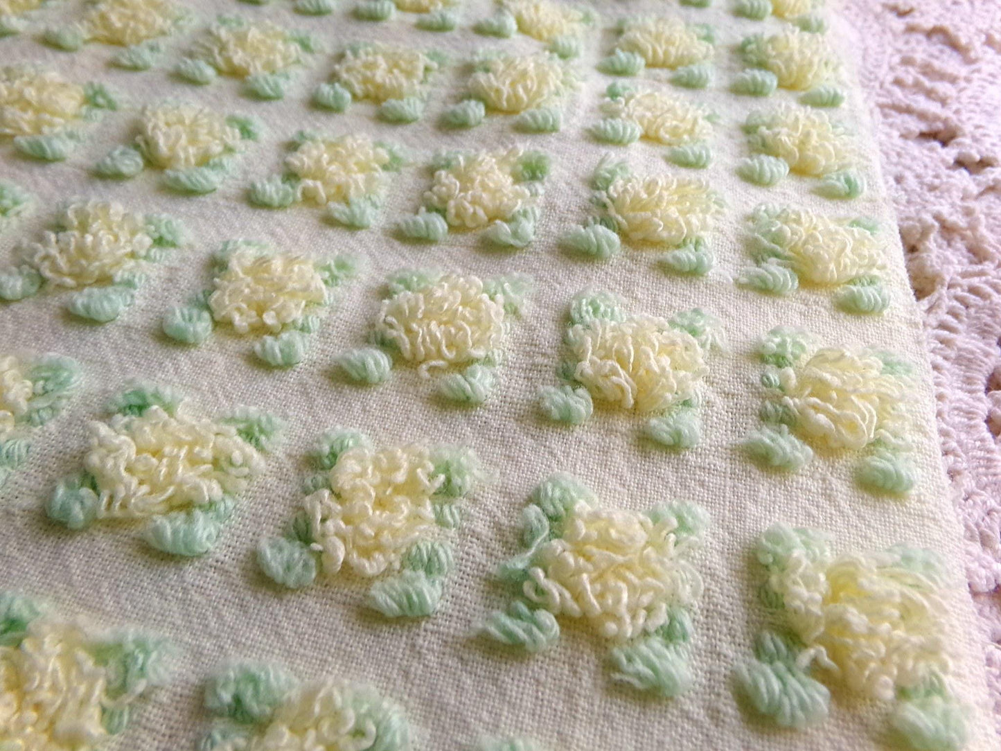 rosebud chenille fabric in radiant lemon chiffon, 18" x 25" piece of vintage quilt material with little yellow rosebuds