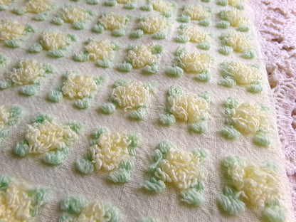 rosebud chenille fabric in radiant lemon chiffon, 18" x 25" piece of vintage quilt material with little yellow rosebuds