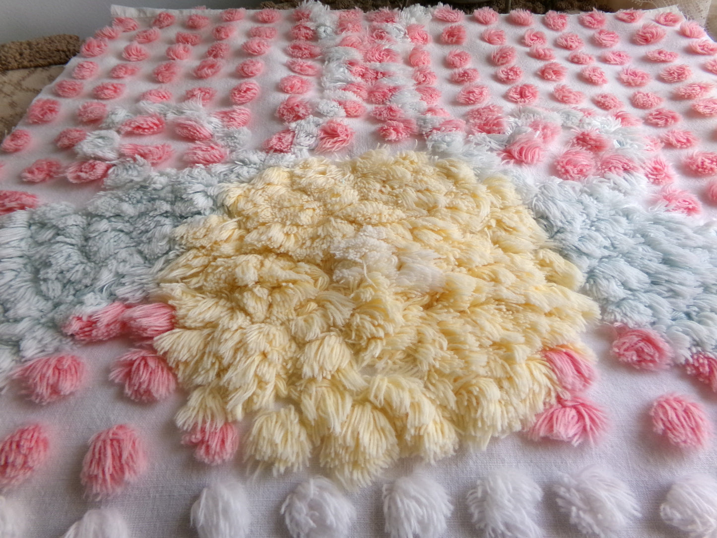 Precious Pink Pops Vintage Chenille Fabric, 15" x 28" Inch Piece, 100% Cotton, Antique Handtufted Plush Flower, Great for DIY Pillows