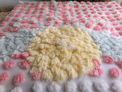 Precious Pink Pops Vintage Chenille Fabric, 15" x 28" Inch Piece, 100% Cotton, Antique Handtufted Plush Flower, Great for DIY Pillows