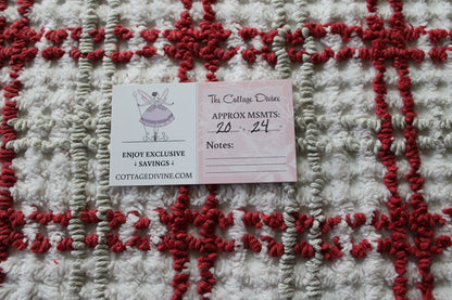 Chic Plaid Vintage Chenille Fabric, Maroon & Grey Needletufting on White Grid, 20" x 24" inch Piece, 100% Cotton