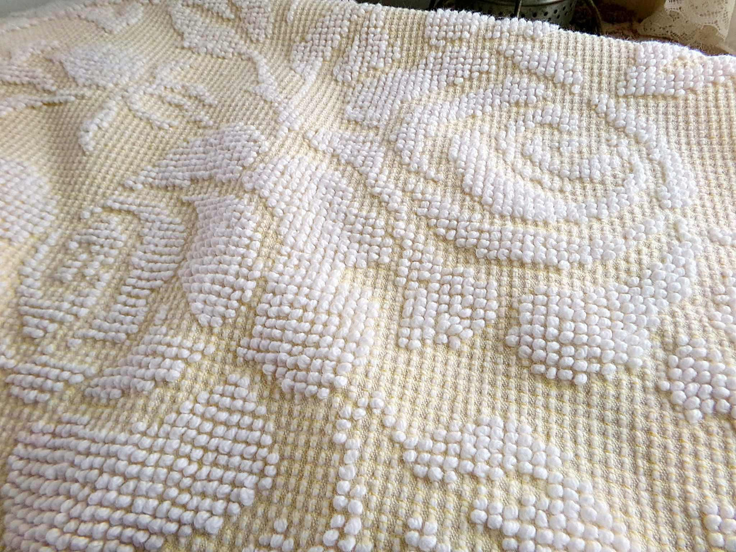 Pastel Yellow & White Cabbage Rose Vintage Woven Chenille Fabric, 24" x 18" inch Piece, Versatile Material in Quilts, Pillows, Tote Bags