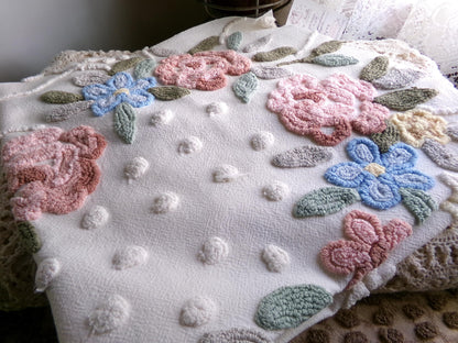 Romantic Cottage Chic Vintage Chenille Fabric, 28" x 26" Piece, Needletuft Floral Wreath Ivy Bow, for Quilting, Sewing, Fiber Arts, Crafts