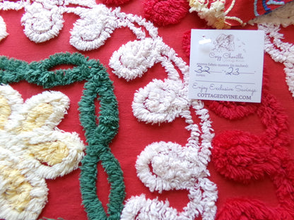 passion red vintage chenille fabric, large circular labyrinth of curlicues, large 32" x 23" cut piece for sewing, wall hanging, quilts