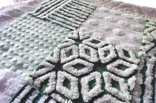 Lucky Star Quilt Squares Set, Rotary Cut from Vintage Chenille Bedspread Fabric, 16 Blocks, 6" x 6" inch, Green & White