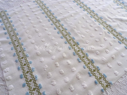 delicate vintage chenille fabric in abstract blue ivy rosebuds & white pops, 26" x 21" inch piece of quilt sewing material