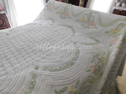 Coastal Bedding Floral White Vintage Chenille Bedspread, Full Size, Shabby Summer Cottage Style