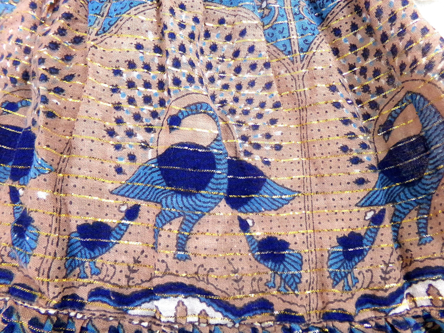 vintage Starina Creation Paris dress, rare 1970s boho peacock print, gold thread floral pattern, midi length gauze cotton India sundress, S