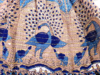 vintage Starina Creation Paris dress, rare 1970s boho peacock print, gold thread floral pattern, midi length gauze cotton India sundress, S