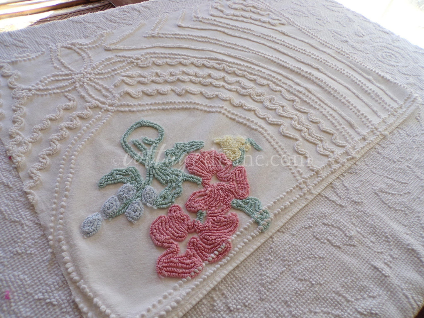 Magical Cottage Chic Lily Vintage Chenille Quilt Fabric Piece, 18" x 25" inches, Pretty in Pillows