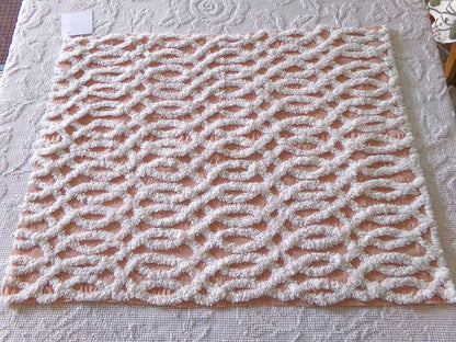 plush white eternity link chenille fabric on peach cotton seersucker, 19" x 25" inch piece of sewing material