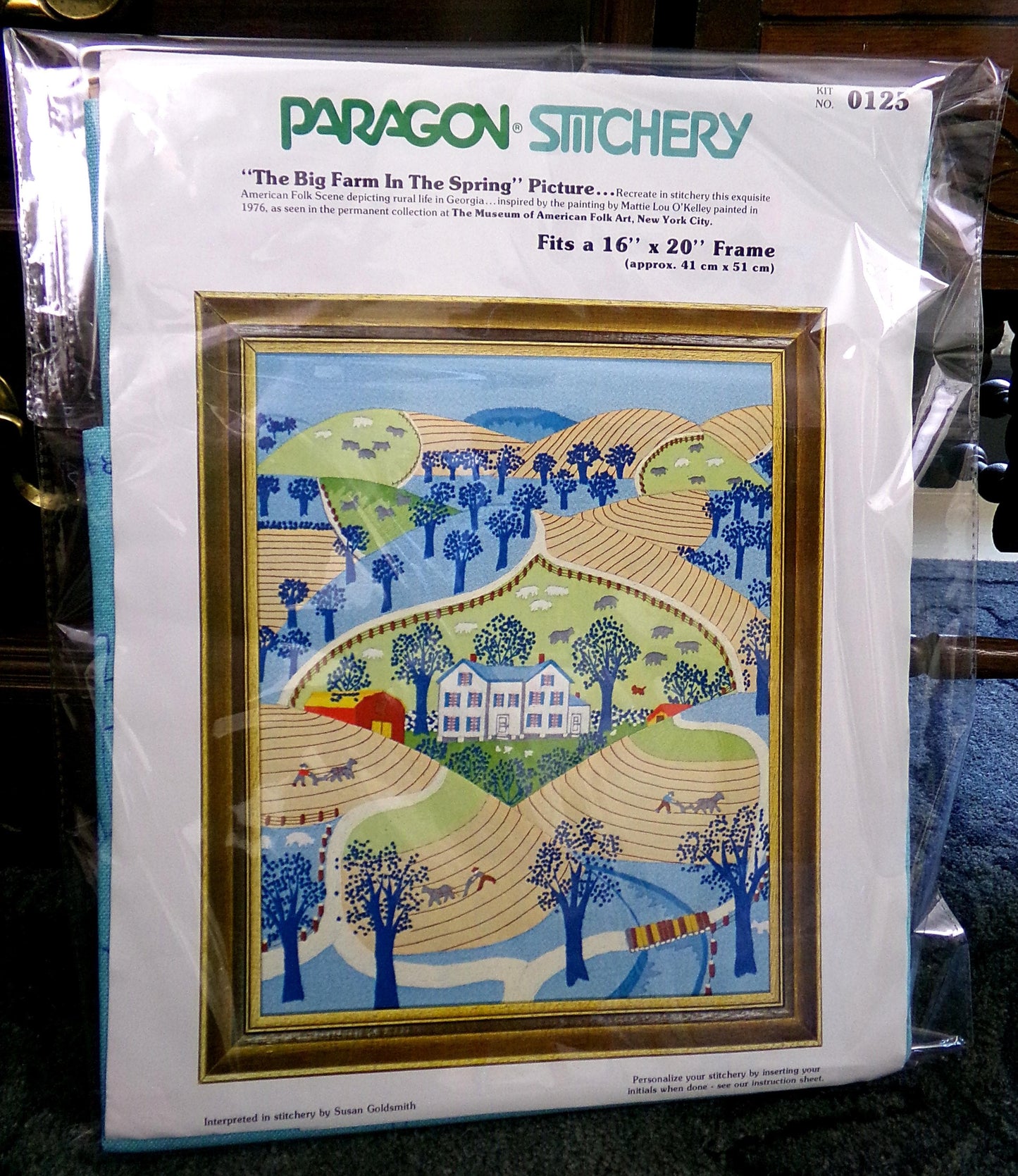 Vintage The BIG FARM In The SPRING Paragon Crewel Embroidery Kit #0125, American Folk Art Stitchery, Susan Goldsmith