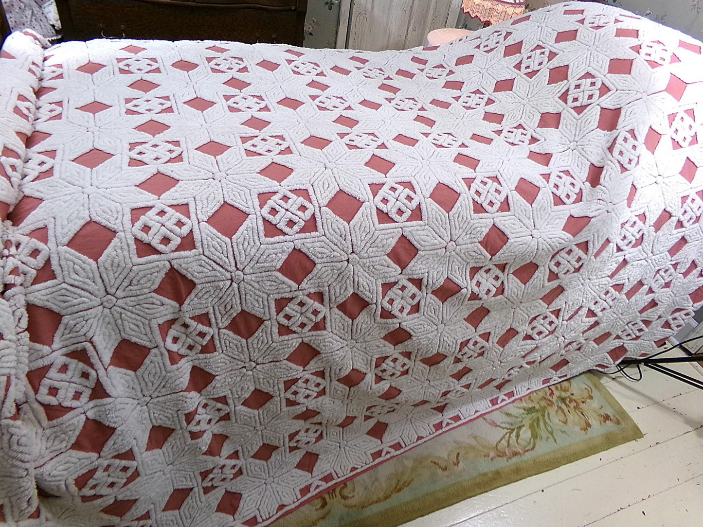Modern Boho Terracotta Chenille Bedspread, Rustic Eight Point Star Vintage Quilt Style Design, Full Size Country Bedding