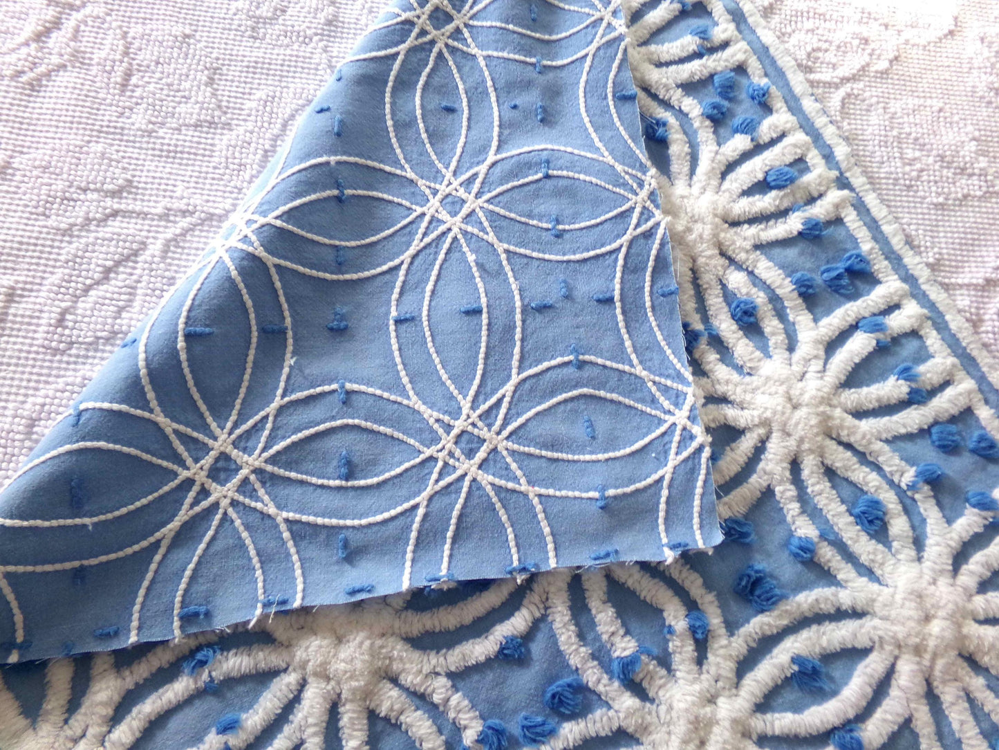 deep coastal blue vintage chenille fabric with tufted white spider rings & little pops, 23" x 20" inch piece
