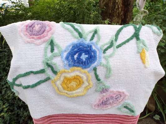 Wildflower Garden Floral Fabric, from Vintage Chenille Bedspread, 19" x 29" inch piece, for Quilts & Crafts