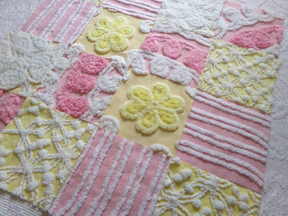 vintage chenille fabric squares, "sunshine smiles" set of 16 pink & yellow floral 6" quilt blocks for quilting, crafts, sewing