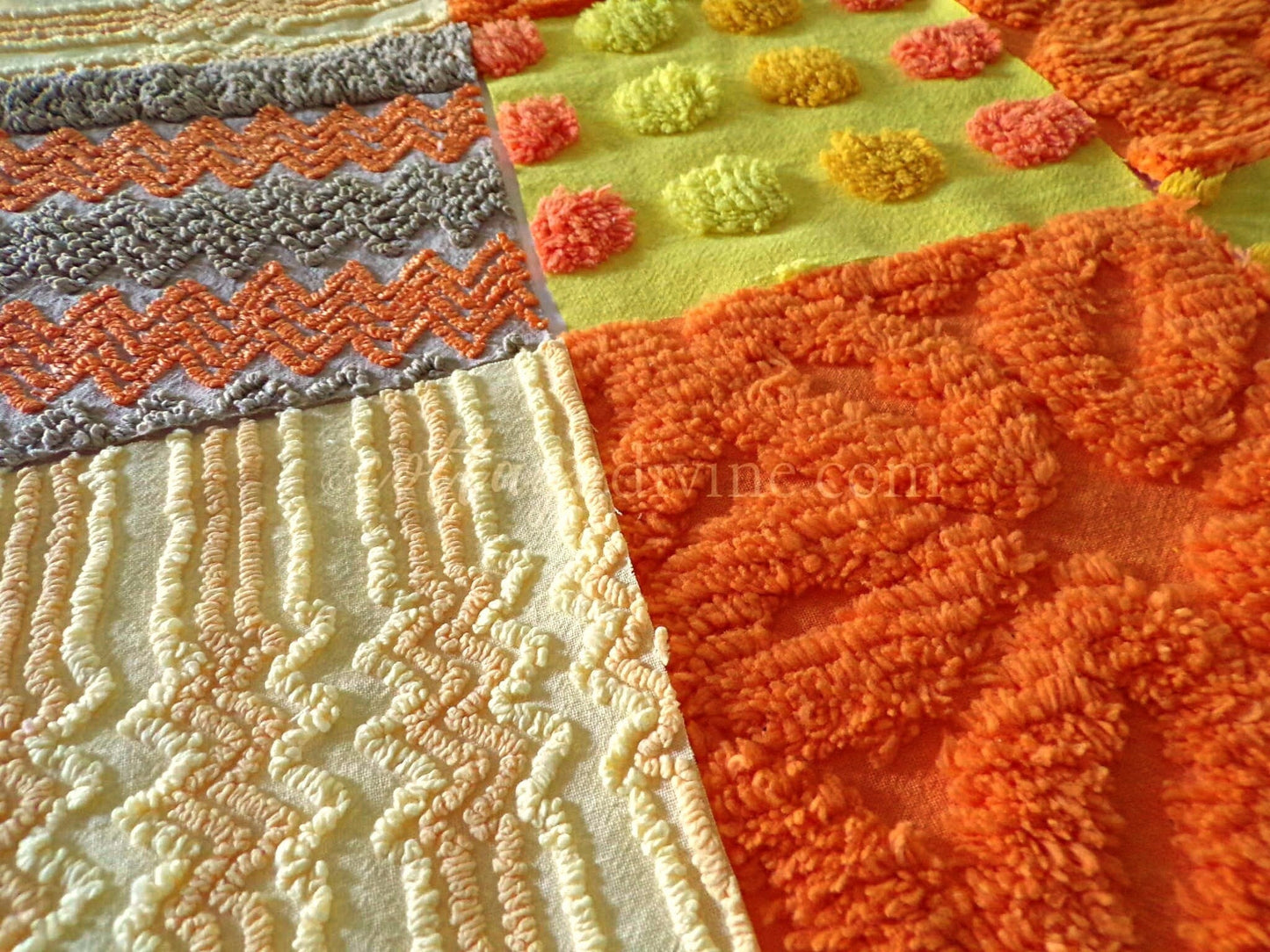 Quilt Squares Set, "Wild Lightning Zaps" from Vintage Chenille Bedspread Fabric, 16 Blocks, 6" x 6" inch