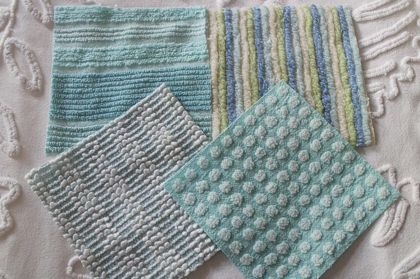 Sea Mist Chenille Quilt Squares Set, from Vintage Bedspread Fabric, 17 Blocks, 6" inch in Coastal Blues, Aqua