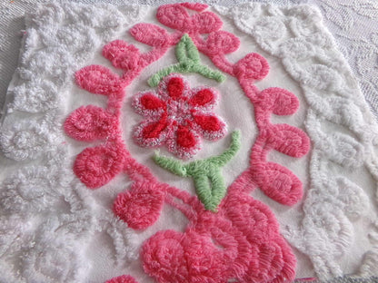 Hourglass Curlicue Vintage Chenille Fabric Piece, Sparkle Rose Flowers, 16" x 28" inches