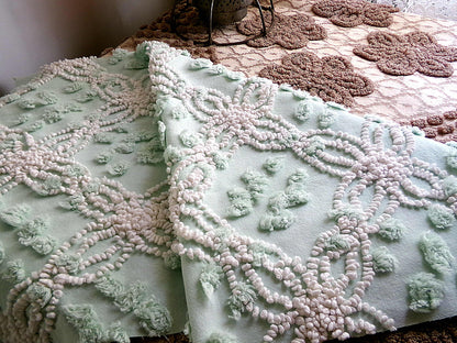 Creamy Mint Green Vintage Chenille Fabric, 20" x 13" inch Piece, White Wedding Ring & Dot Design, Great for Handmade Quilts, Crafts