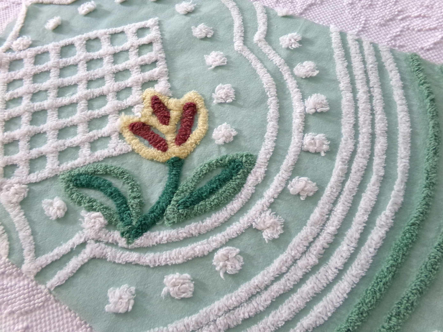 cutest springtime tulip vintage fabric, 13" x 23" inch piece cut from a chenille bedspread, mint green floral sewing material