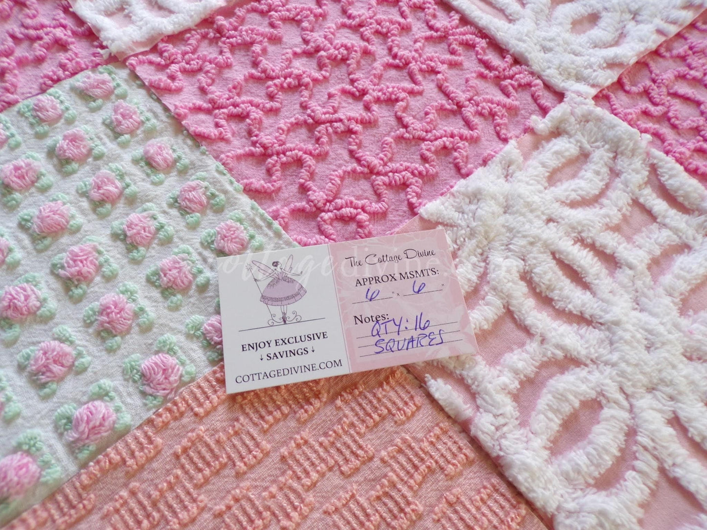 Sherbet Ice Cream Chenille Quilt Squares Set from Vintage Bedspread Fabric, 16 Blocks, 6" x 6" inch