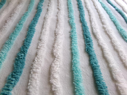 chic coastal cottage vintage chenille fabric, aqua, teal & white striped sewing material for chenille quilts, crafts, 17" x 27" inch piece