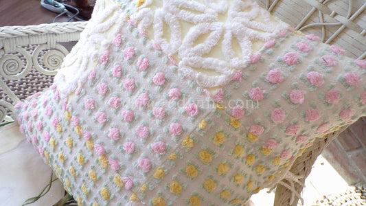 Daisy Rose Romantic Cottage Chenille Pillow Cover 16" x 16" inch Square, REVERSIBLE Accent Pillow, Vintage Shabby Patchwork Design