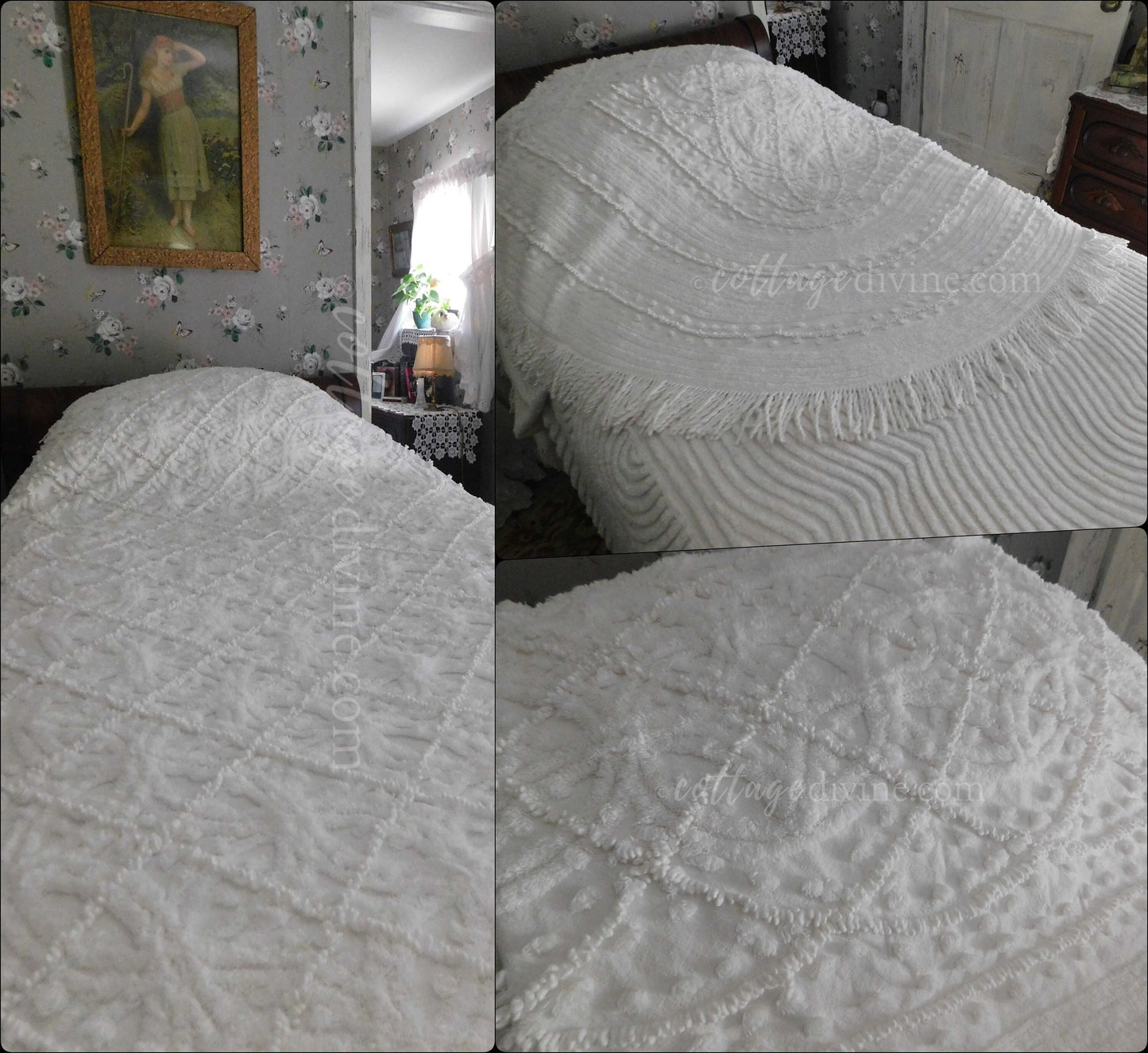 Heavenly White Vintage Chenille Bedspread, Plush Pearl Mop Tufts, Farmhouse Fabulous Bedding