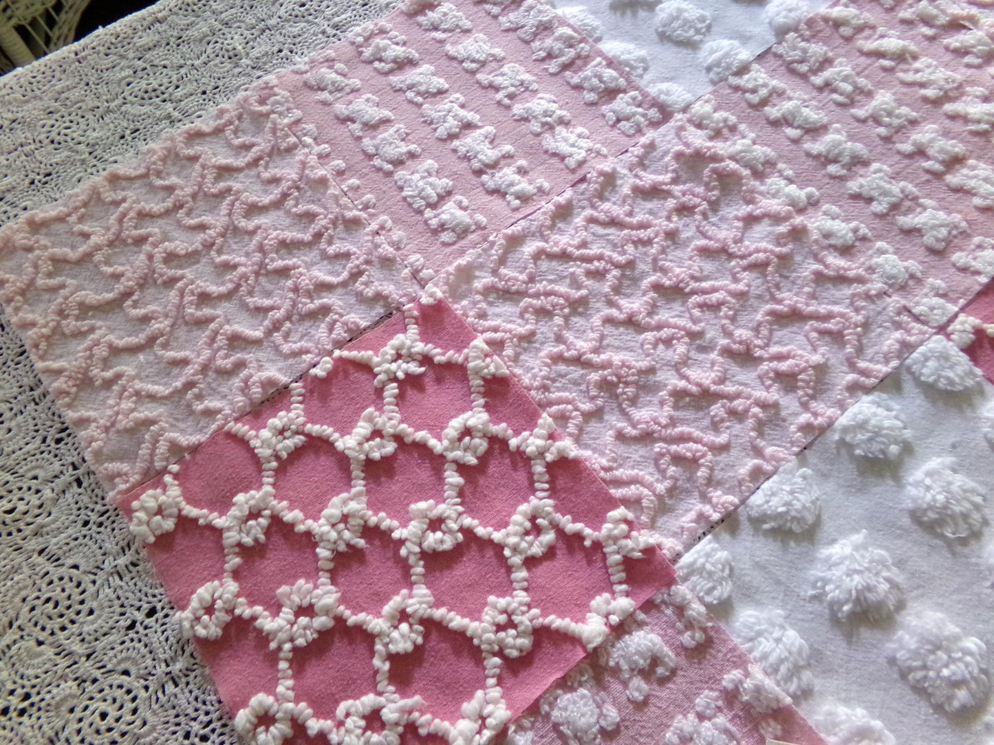 Must Luv Pink Quilt Squares Set from Vintage Chenille Bedspread Fabric, 17 Blocks, 6" x 6" inch